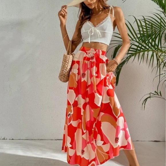 Boho Floral Tropical Maxi Skirt Vacation RED - Picture 3 of 9